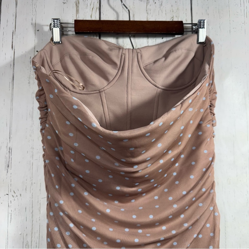 Zara Strapless Polka Dot Midi Dress Nude Beige Ruched Bodycon XL Neutral Classy - Picture 8 of 15
